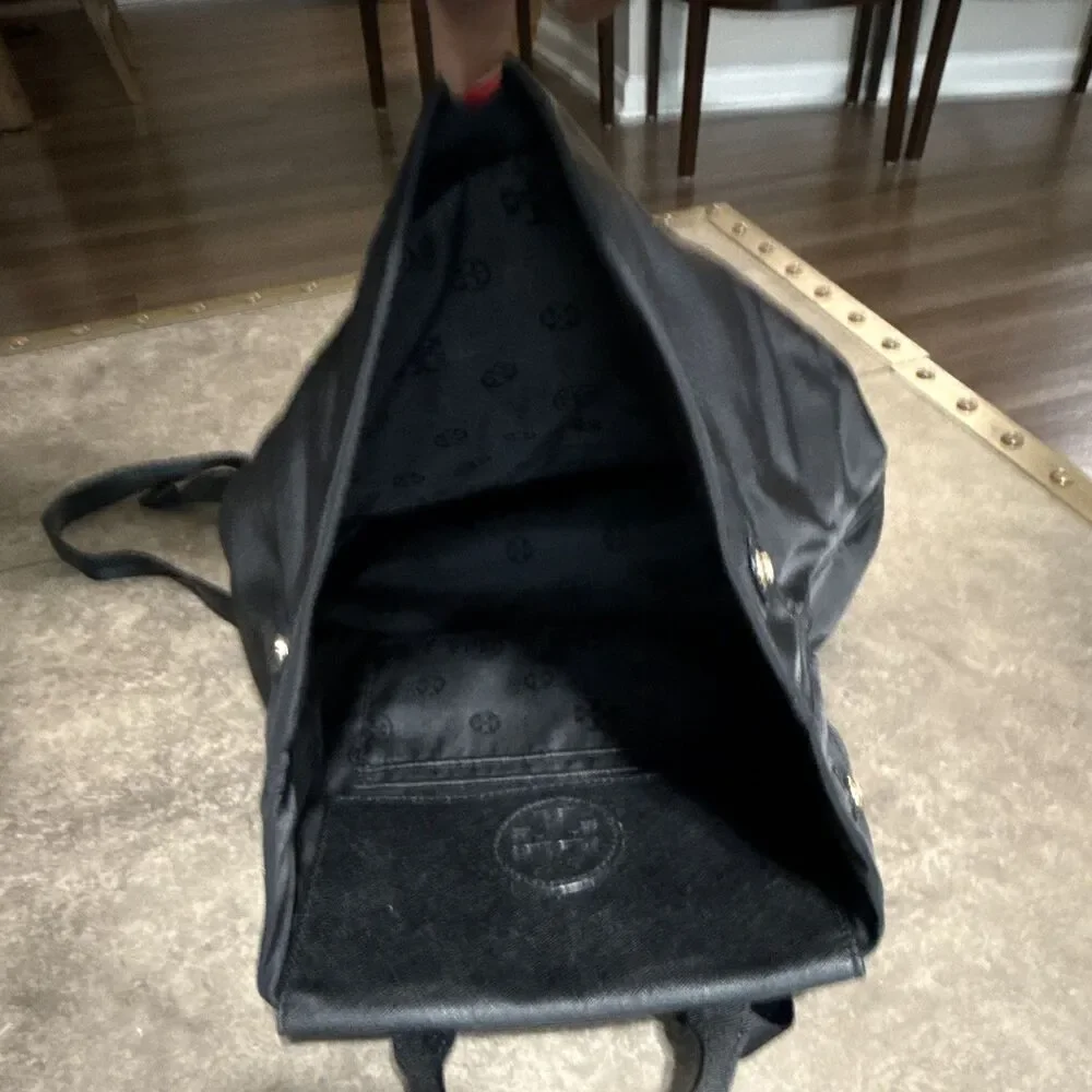 Tory Burch Black Drawstring Backpack Top Handle Gold Hardware Logo Pockets